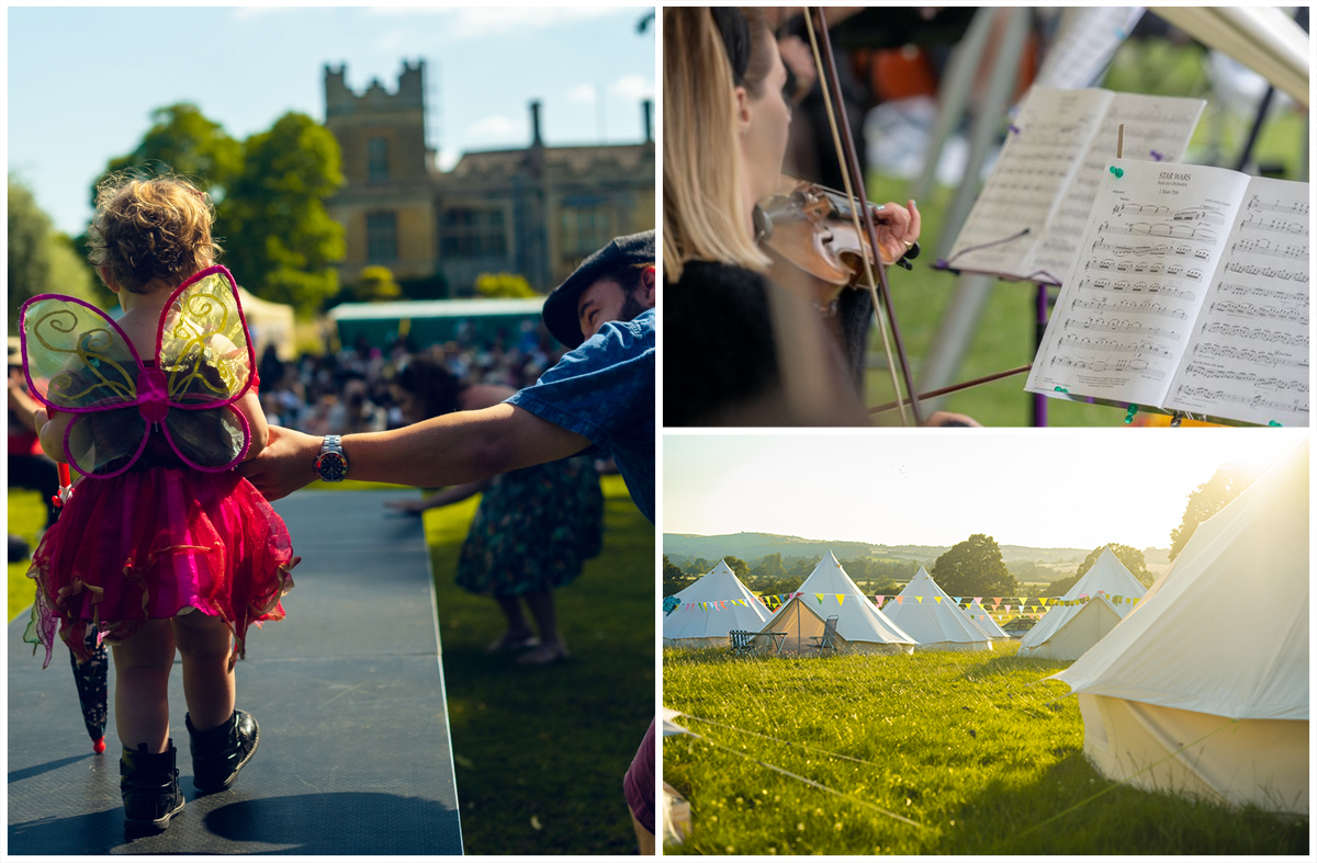 A young child wearing fairy wings, a violinist playing in an orchestra, tents in a field